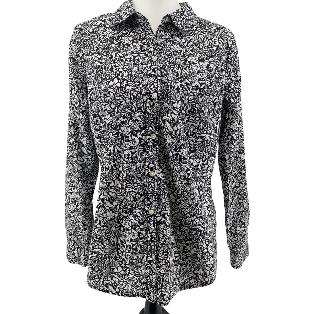 Old Navy Floral Cotton‎ Button Front Shirt Womens Large Black White Long Sleeve